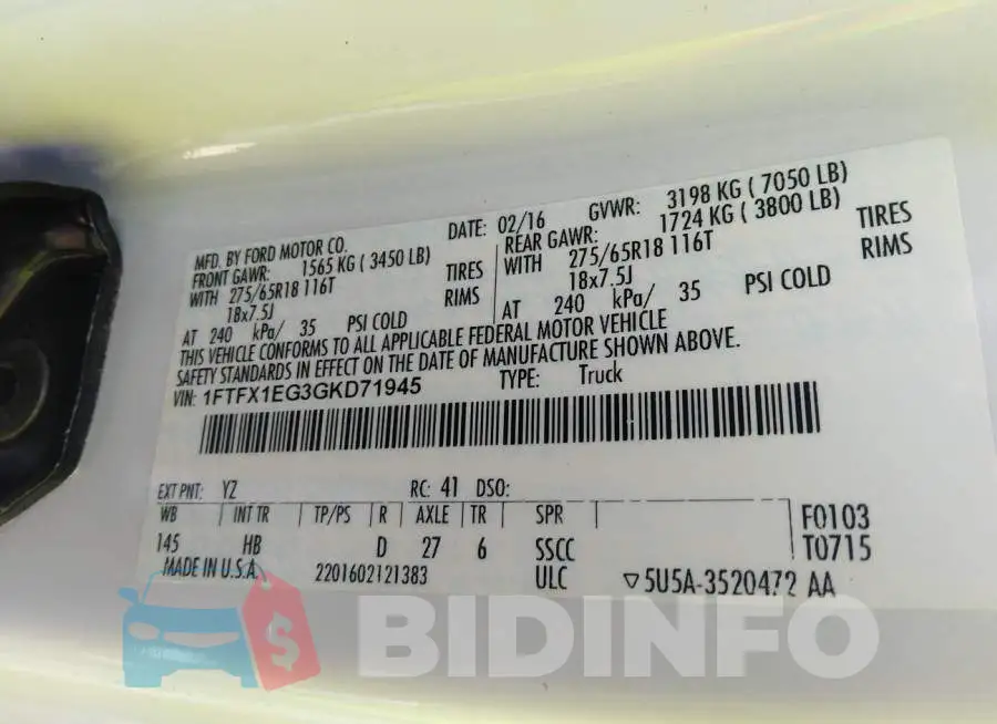 1FTFX1EG3GKD71945 Photo# 9