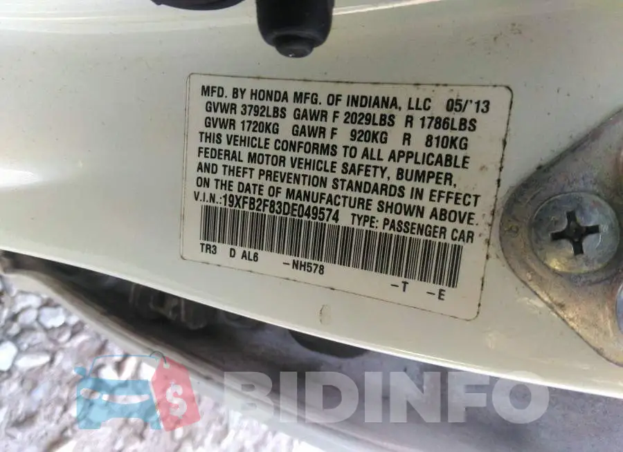 19XFB2F83DE049574 Photo# 9