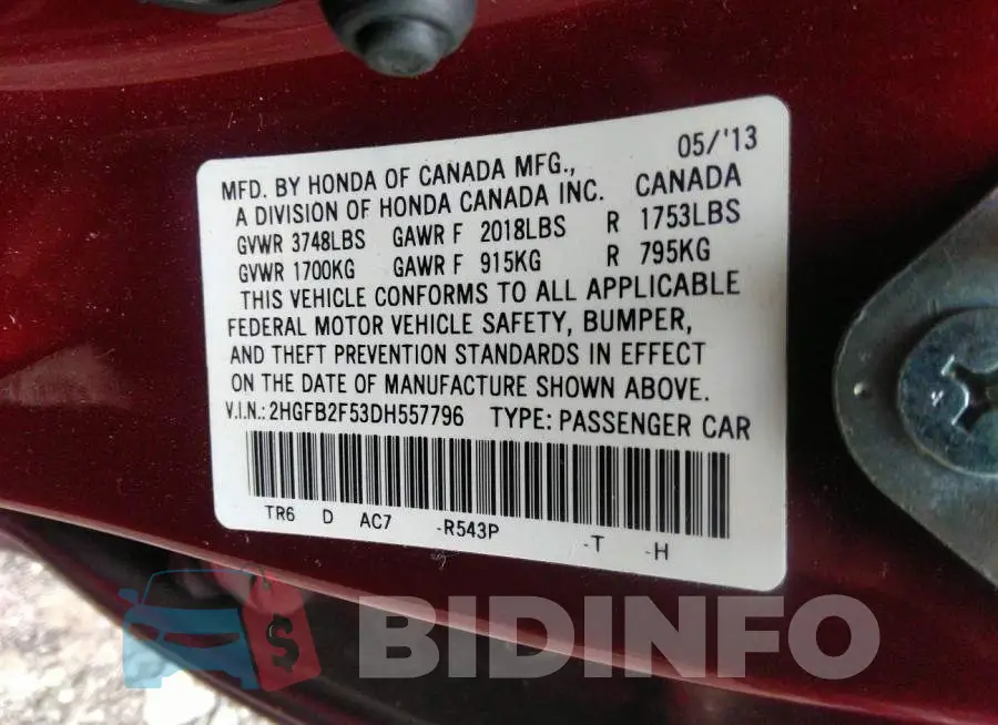 2HGFB2F53DH557796 Photo# 9