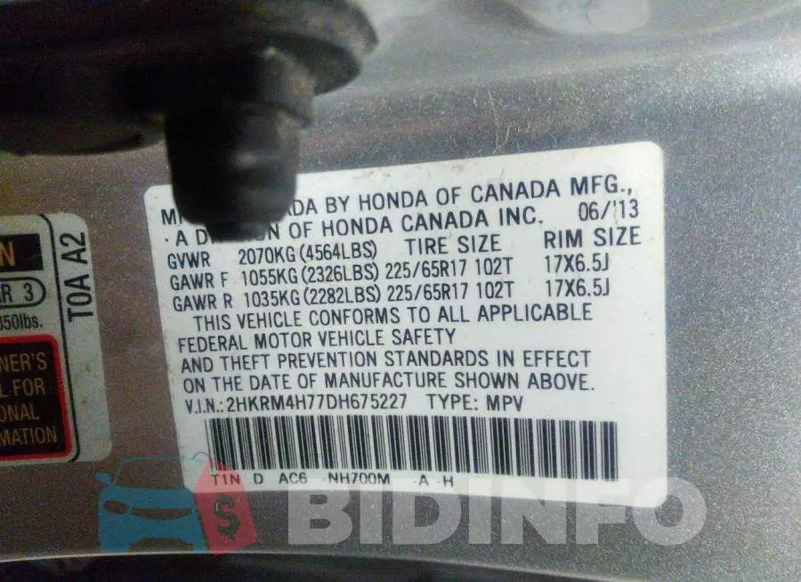 2HKRM4H77DH675227 Photo# 9