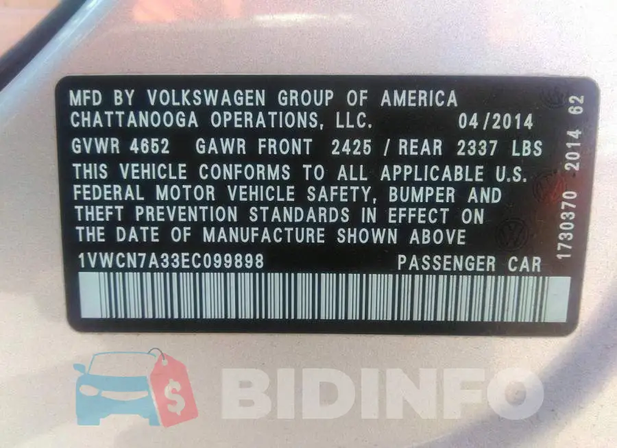 1VWCN7A33EC099898 Photo# 9