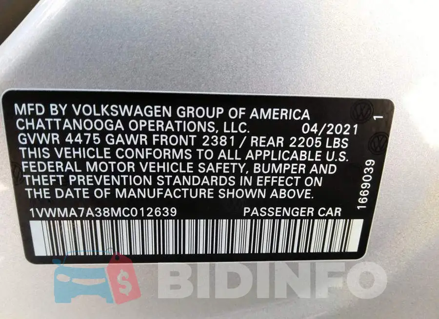 1VWMA7A38MC012639 Photo# 9