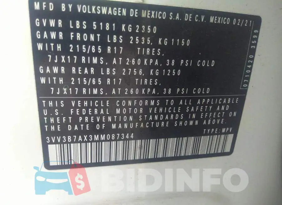 3VV3B7AX3MM087344 Photo# 9