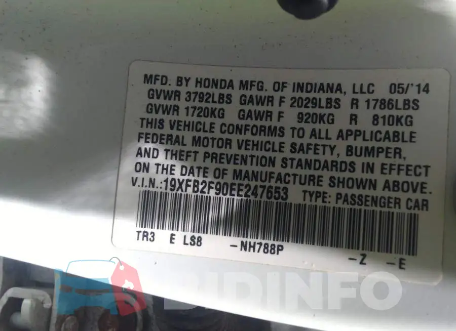 19XFB2F90EE247653 Photo# 9