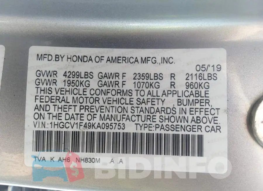 1HGCV1F49KA095753 Photo# 9