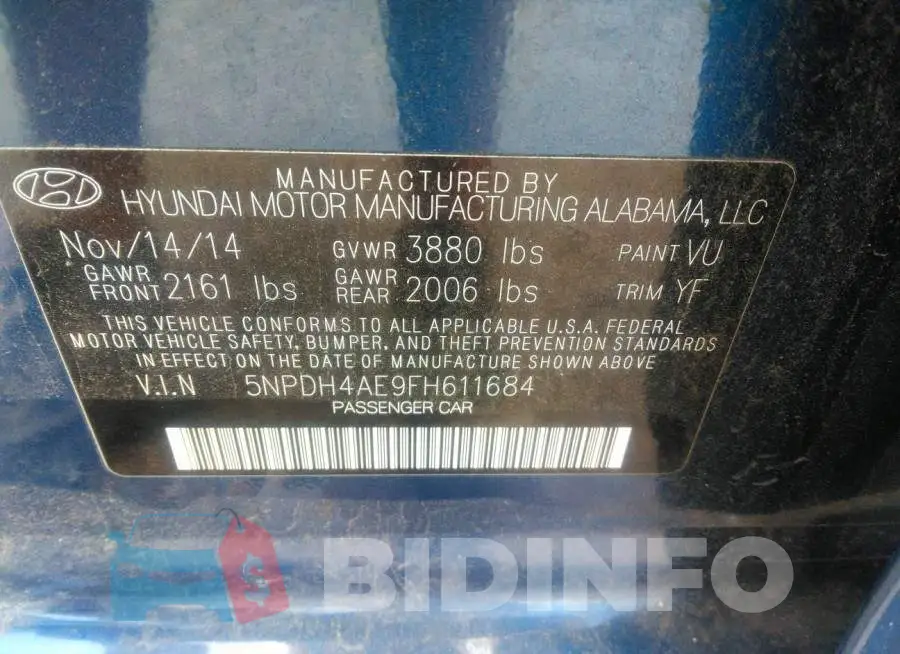 5NPDH4AE9FH611684 Photo# 9