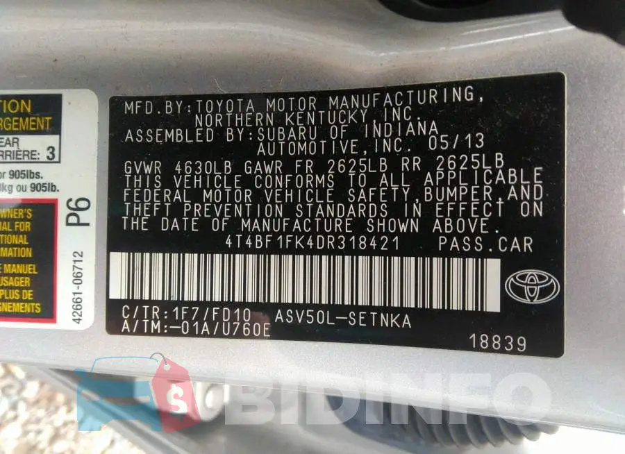 4T4BF1FK4DR318421 Photo# 9