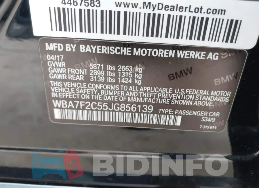 WBA7F2C55JG856139 Photo# 9