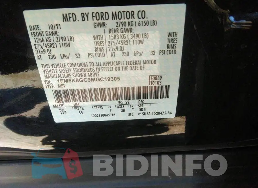 1FM5K8GC9MGC19305 Photo# 9