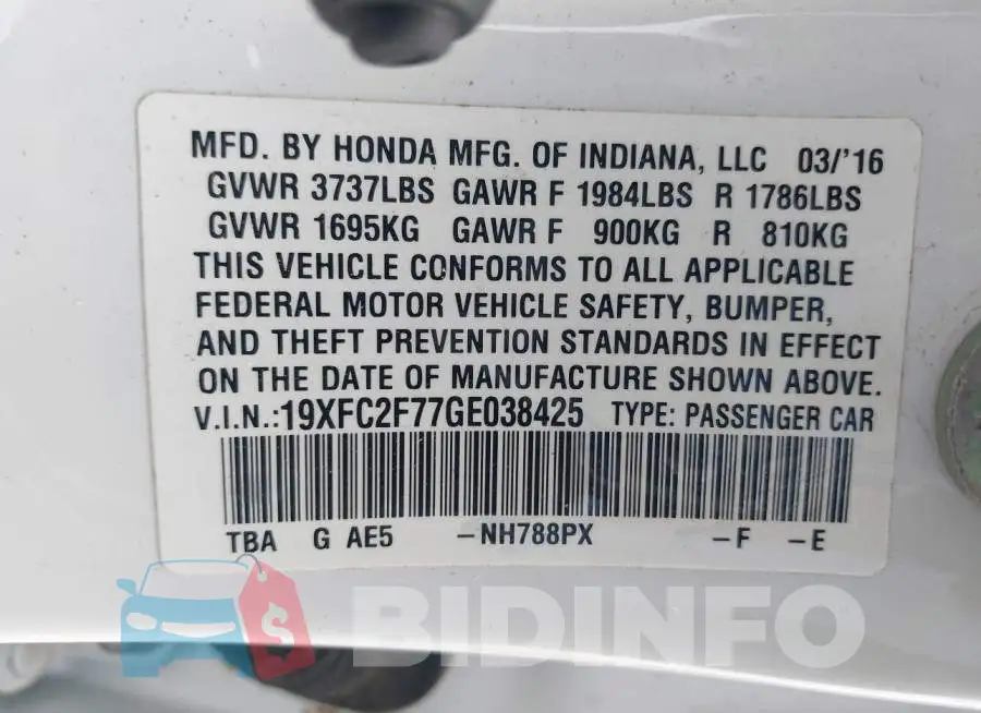 19XFC2F77GE038425 Photo# 9