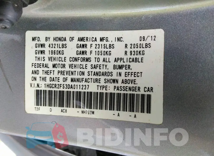 1HGCR2F53DA011237 Photo# 9