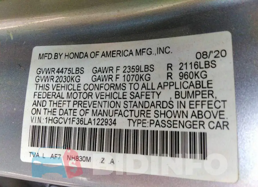 1HGCV1F36LA122934 Photo# 9
