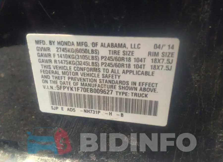 5FPYK1F70EB009627 Photo# 9