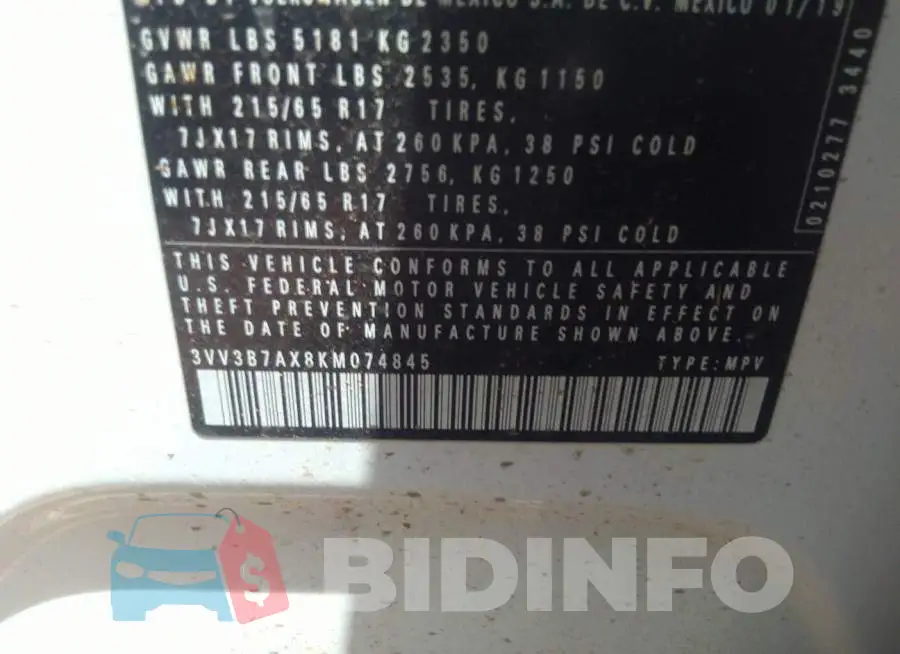 3VV3B7AX8KM074845 Photo# 9