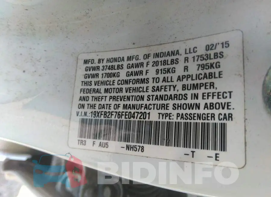 19XFB2F76FE047201 Photo# 9