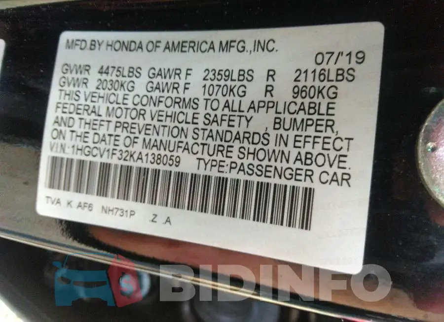 1HGCV1F32KA138059 Photo# 9