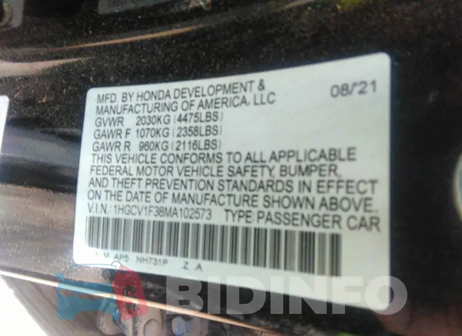 1HGCV1F38MA102573 Photo# 9