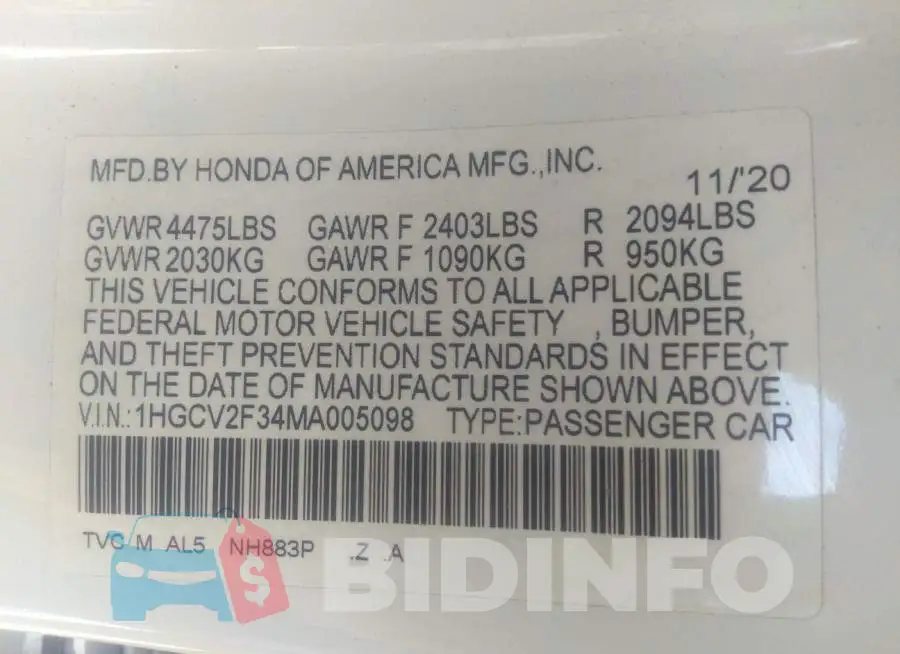 1HGCV2F34MA005098 Photo# 9