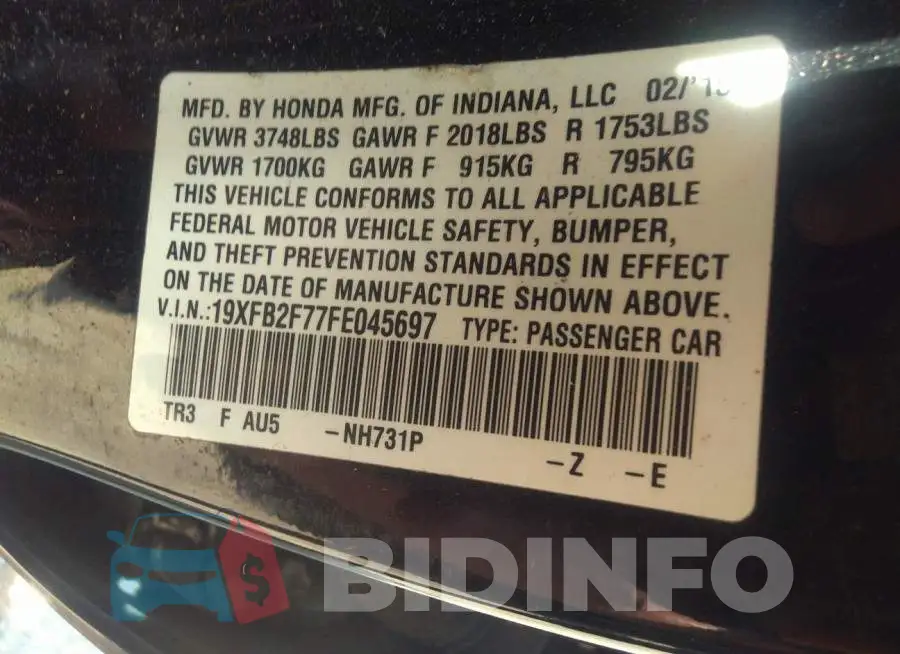 19XFB2F77FE045697 Photo# 9