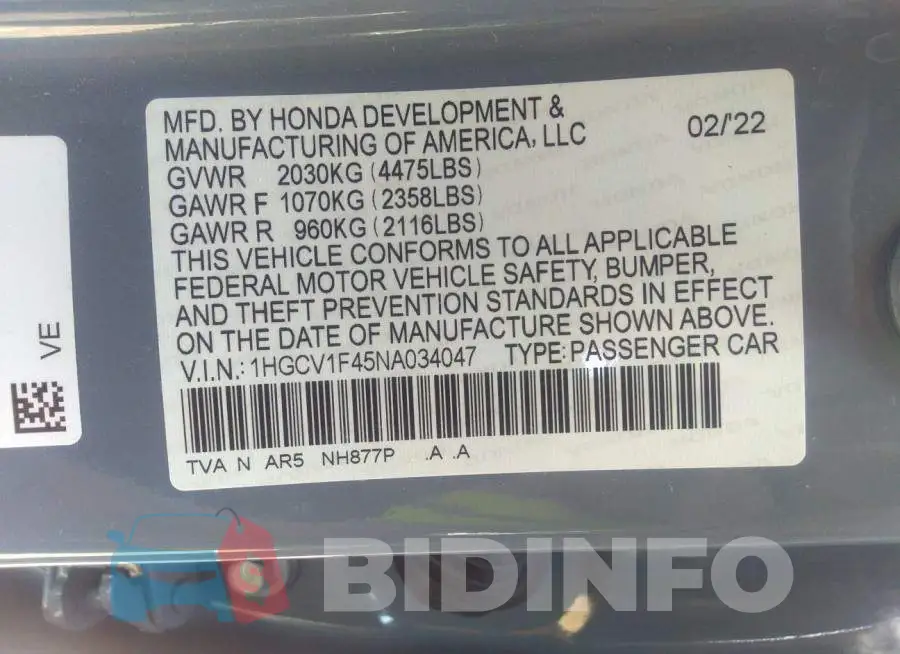1HGCV1F45NA034047 Photo# 9