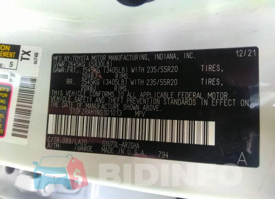 5TDFZRAH1NS101013 Photo# 9