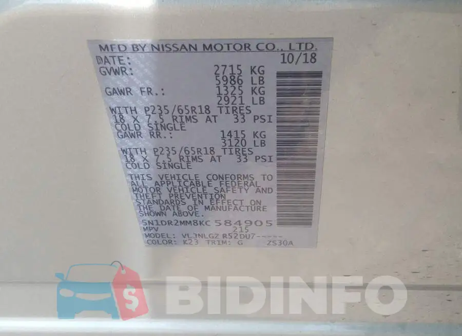 5N1DR2MM8KC584905 Photo# 9
