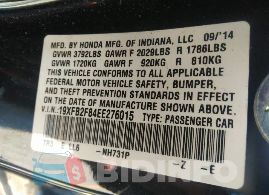 19XFB2F84EE276015 Photo# 9