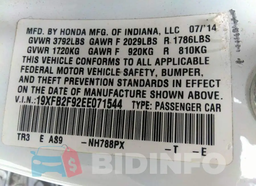 19XFB2F92EE071544 Photo# 9