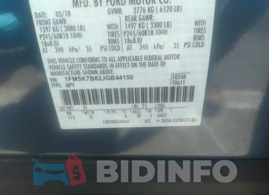 1FM5K7B82JGB44150 Photo# 9