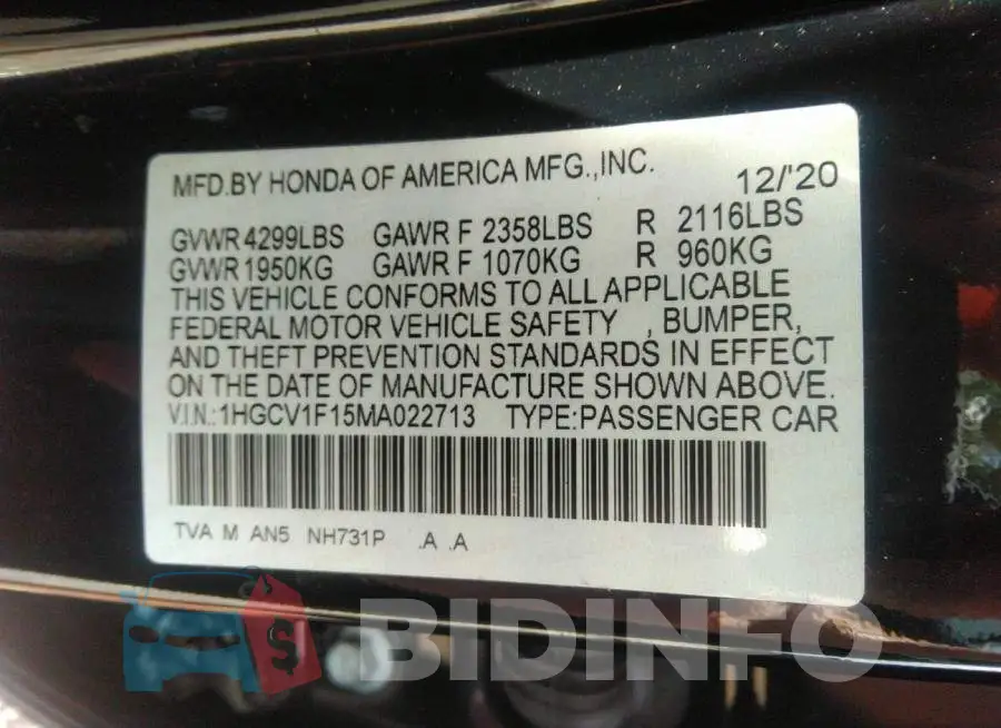 1HGCV1F15MA022713 Photo# 9
