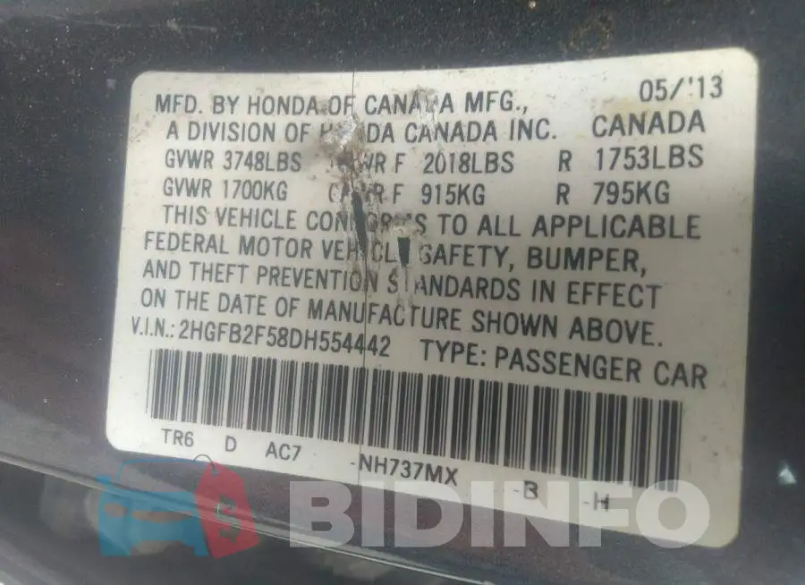 2HGFB2F58DH554442 Photo# 9