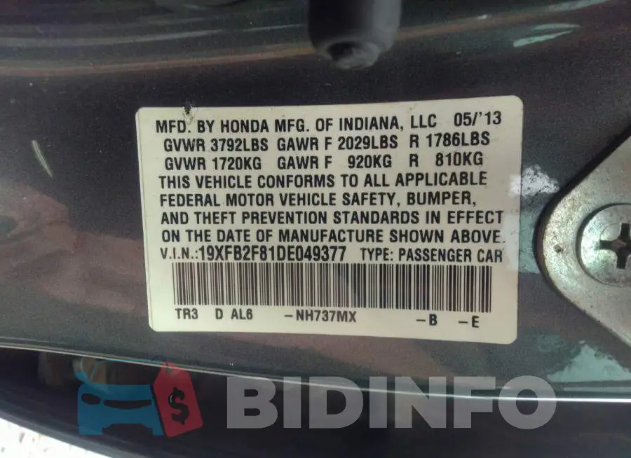 19XFB2F81DE049377 Photo# 9