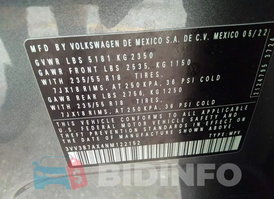 3VV3B7AX4NM122152 Photo# 9