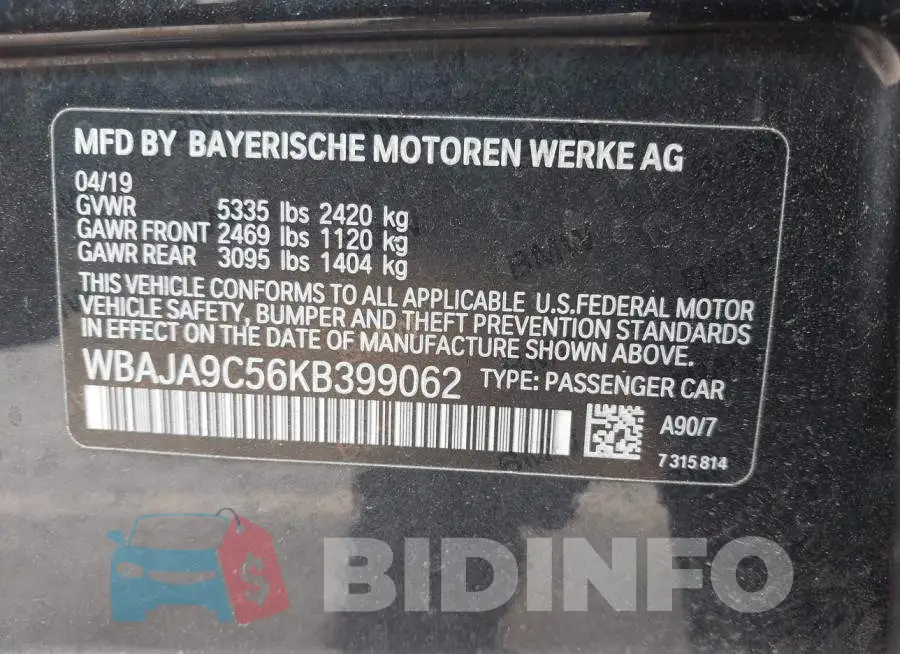 WBAJA9C56KB399062 Photo# 9