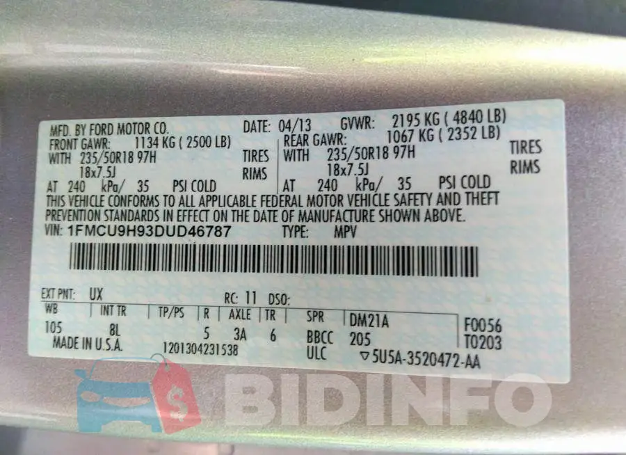 1FMCU9H93DUD46787 Photo# 9