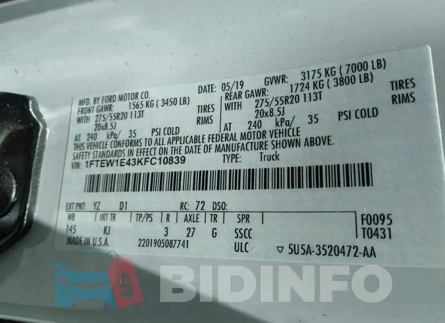1FTEW1E43KFC10839 Photo# 9