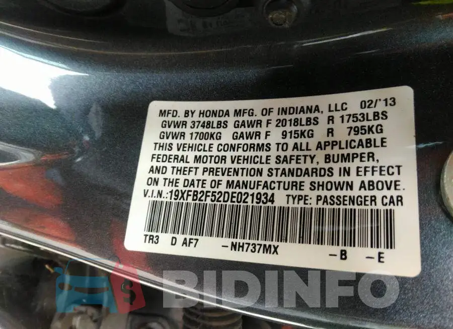 19XFB2F52DE021934 Photo# 9