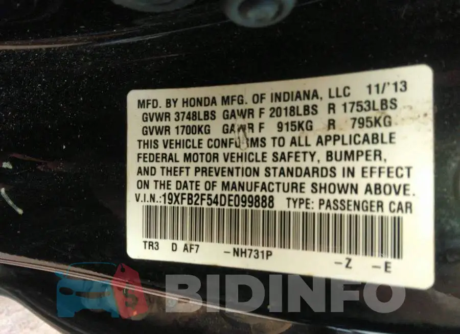 19XFB2F54DE099888 Photo# 9
