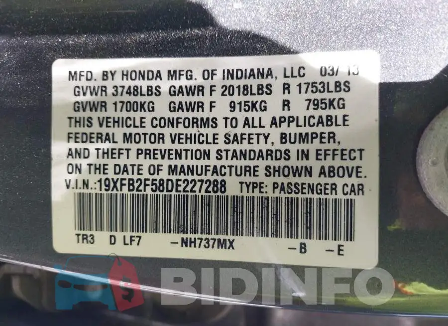 19XFB2F58DE227288 Photo# 9