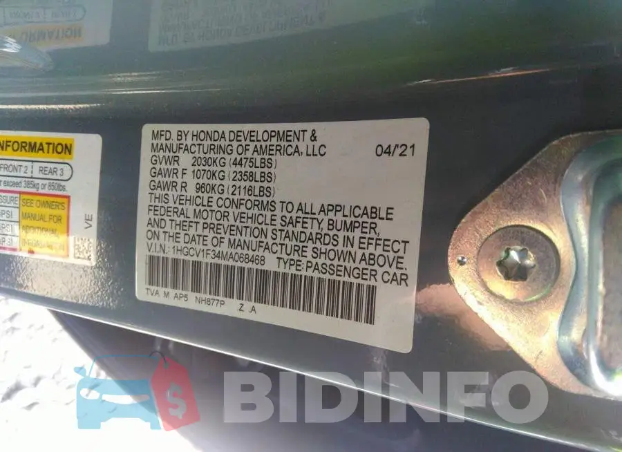 1HGCV1F34MA068468 Photo# 9