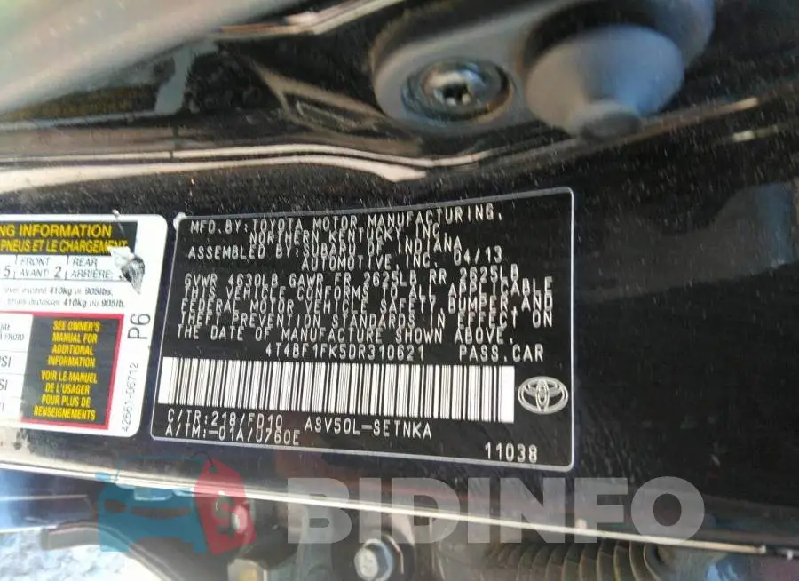 4T4BF1FK5DR310621 Photo# 9
