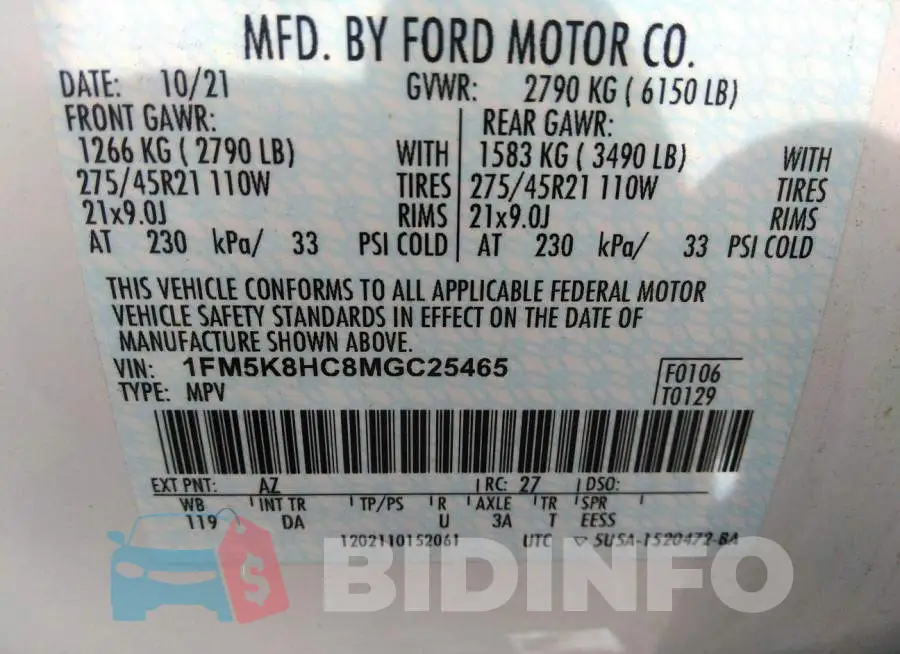 1FM5K8HC8MGC25465 Photo# 9