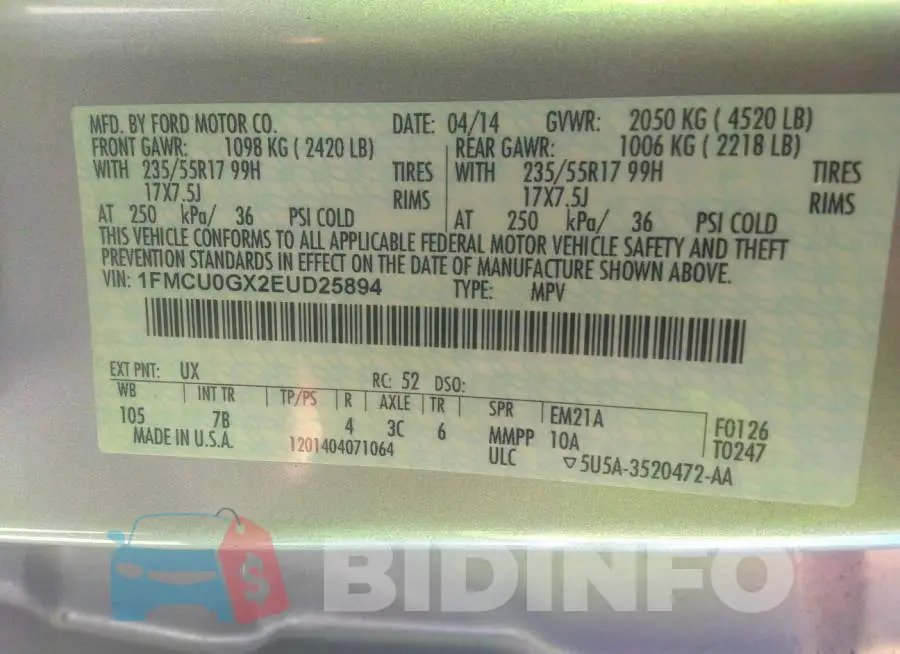 1FMCU0GX2EUD25894 Photo# 9