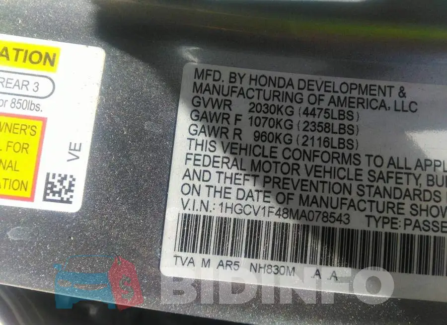 1HGCV1F48MA078543 Photo# 9