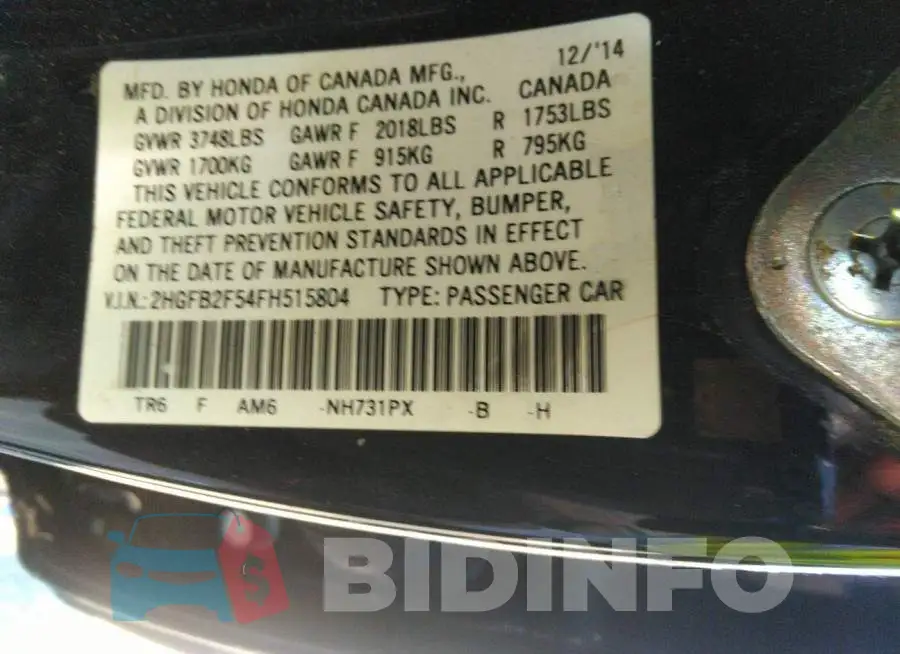 2HGFB2F54FH515804 Photo# 9