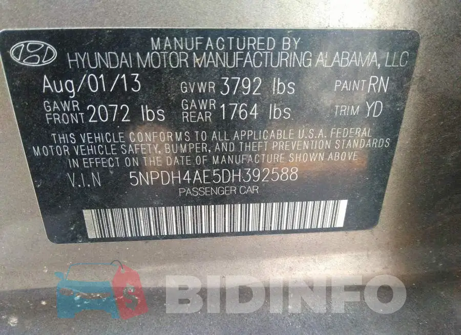 5NPDH4AE5DH392588 Photo# 9