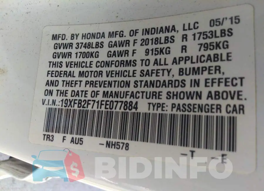 19XFB2F71FE077884 Photo# 9