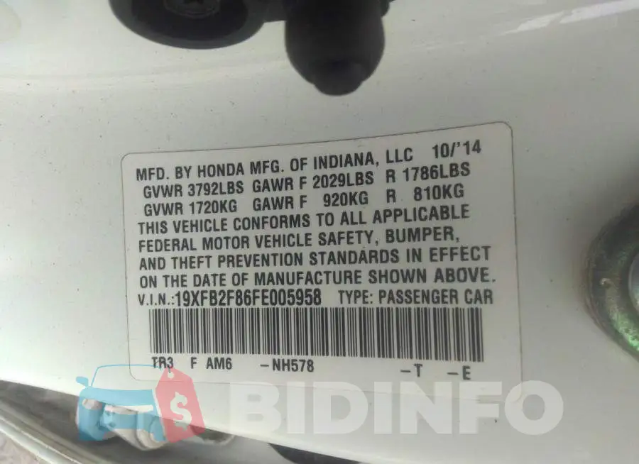 19XFB2F86FE005958 Photo# 9