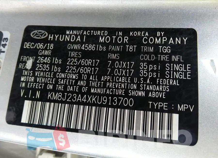 KM8J23A4XKU913700 Photo# 9