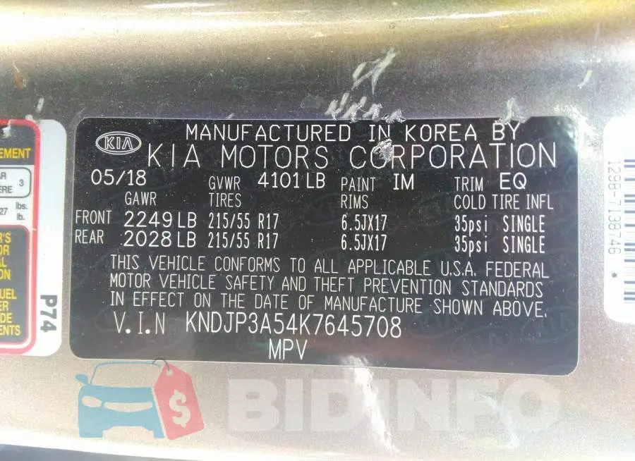 KNDJP3A54K7645708 Photo# 9